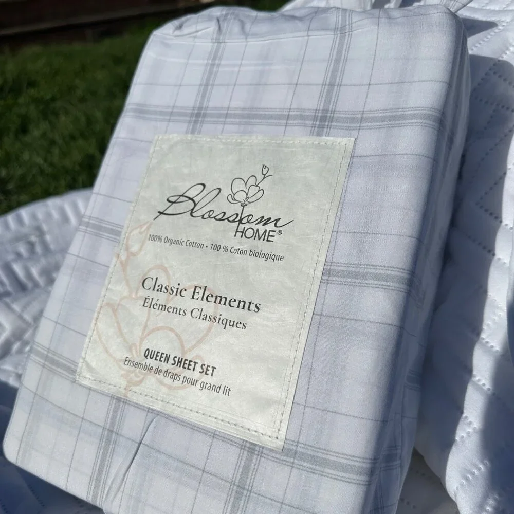 BLOSSOM HOME‎ Organic Cotton Sheet Set Queen Grey Classic Plaid